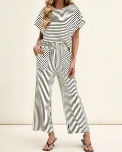 Womens Striped 2 Piece Sets Short Sleeve T Shirts Wide Leg Pants Matching Lounge Set with Pockets Batwing Casual Mother's Day gift