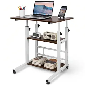 Portable Rolling Desk on Wheels Adjustable Height Desks for Small Spaces, 32" Computer Desk Drafting Tables with Storage Shelves for Home Office Rustic