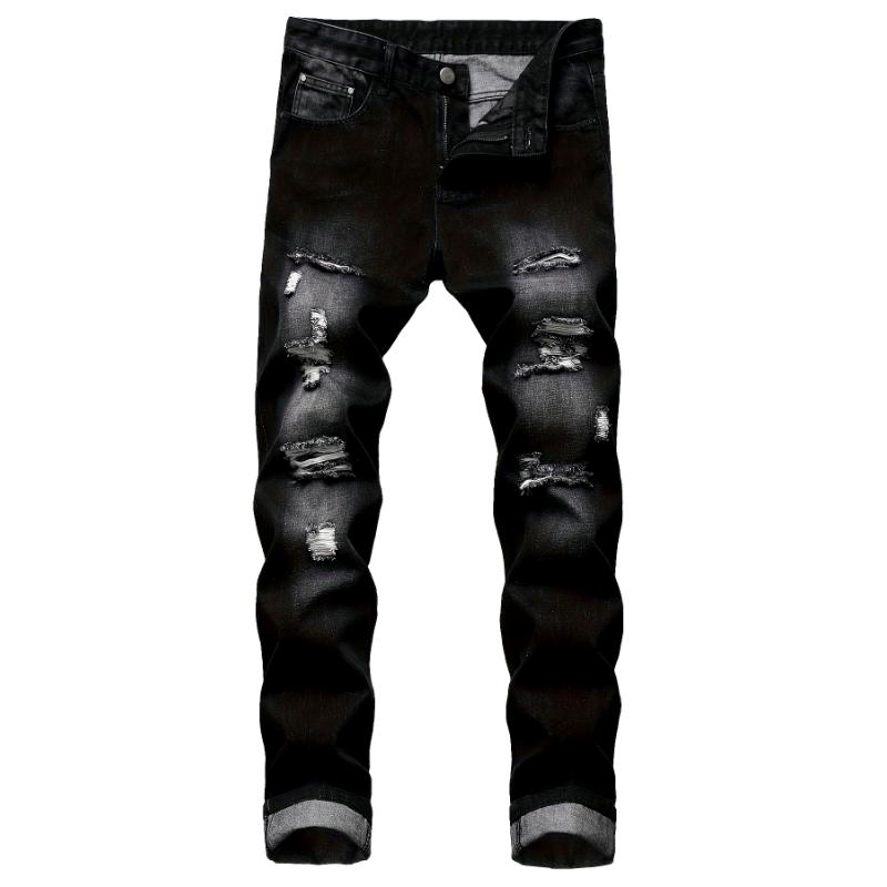 Men's Slim Fit Ripped Jeans - Distressed Black Denim Pants With Street Style Design, Comfortable Straight Leg Cut, Machine Washable, All-Season Casual Wear, Casual Wear Jeans|   Bold Statement Jeans|   Stretchable Fabric Streetwear Cotton
