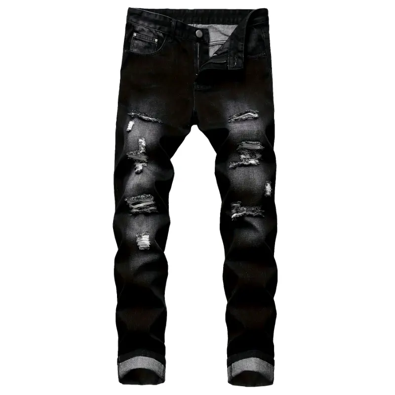 Men's Slim Fit Ripped Jeans - Distressed Black Denim Pants With Street Style Design, Comfortable Straight Leg Cut, Machine Washable, All-Season Casual Wear, Casual Wear Jeans|   Bold Statement Jeans|   Stretchable Fabric Streetwear Cotton