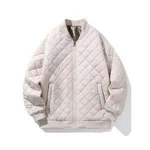 Men's Black Quilted Jacket with Diamond Pattern - Casual Polyester Zip-Up Coat, Baseball Collar, Long Sleeve, Pockets, Lightweight & Warm for Casual Attire