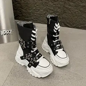 Chunky Platform Thick-Sole Height Increase 1.38 1.97 Lift Lace-Up Round-Toe All-Season All-Terrain Traction Low Heel Rubber Sole Fabric Upper Casual Athletic Wear Brown Black Easy-Clean Hand Washable