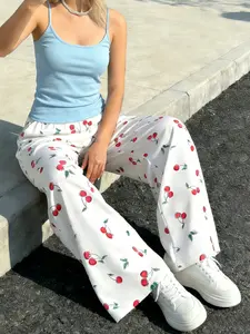 Women's Cherry Print High Waist Wide Leg Pants, Casual Elastic Waist Loose Trousers, Y2K Cute Graphic Bottoms for Daily Wear, Streetwear & Summer Outfits