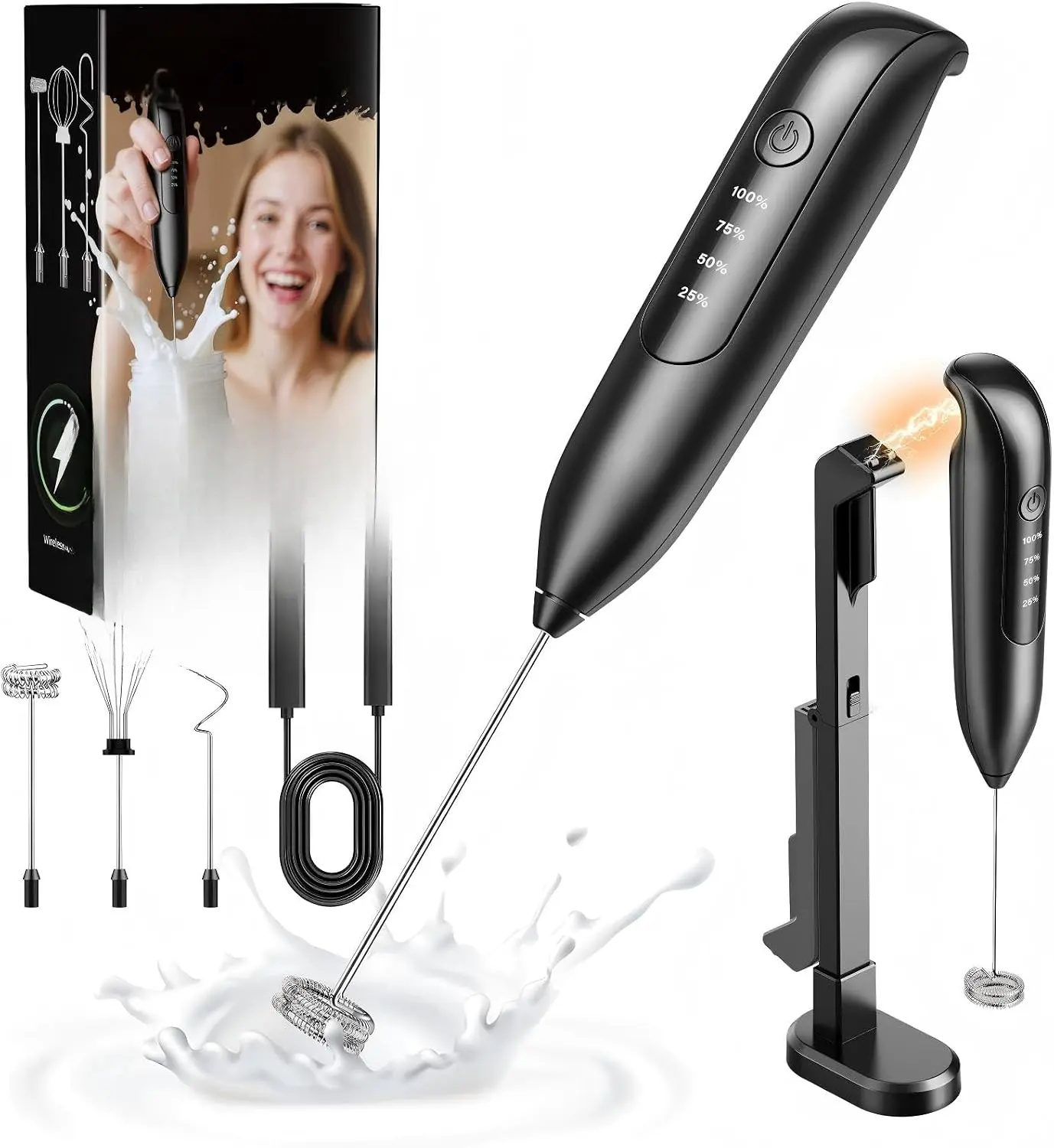 Electric Milk Frother Handheld: coffee frother rechargeable 3 in 1 - LED Display, Adjustable Wireless Charging - 3 Speeds, Stainless Steel Whisk for Latte, Cappuccino - Onyx Black