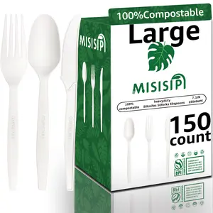 150PCS 7IN 100%Compostable Forks Spoons Knives   Set All Natural USA Corn Plant Based Large  Spoons   Set Extra Large Cutlery Set  Heavy Duty Plastic-Free Disposable utensils for Party BBQ Banquet Wedding Picnic.(Inclound 50Forks 50Spoons 50Knives)