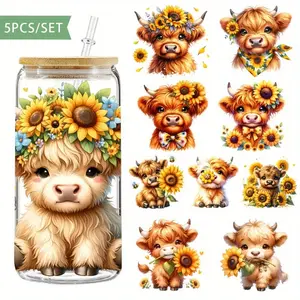 5Pcs/Set Sunflower Highland Cattle 16oz Glass Jars Wrap Transfer Decorative Paper UV DTF High Self-adhensive Decor Transfer Sticker Packs