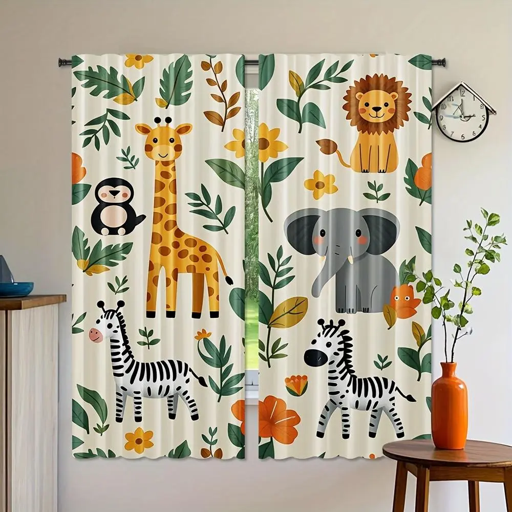 2pcs Jungle Safari Light Filtering Curtains - Polyester, HD Digital Print with Cartoon Forest Zoo Animals & Flowers, Rod Pocket Design for Bedroom, Living Room, Office Decor, Machine Washable, Living Room Curtains | Playful Design 28*40IN/71*101CM
