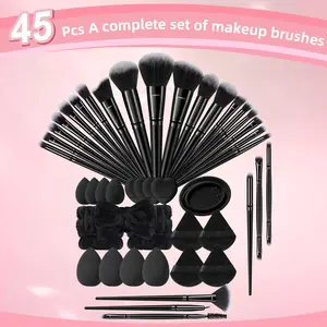 45-piece Facial Makeup Tool Set, 25 Makeup Brushes & Hair Ties & 2 Wrist Straps & 4 Large Makeup Sponges & 4 Fan Powder Puffs & 4 Mini Makeup Sponges & 4 Thumb Powder Puffs & Bowl Brush