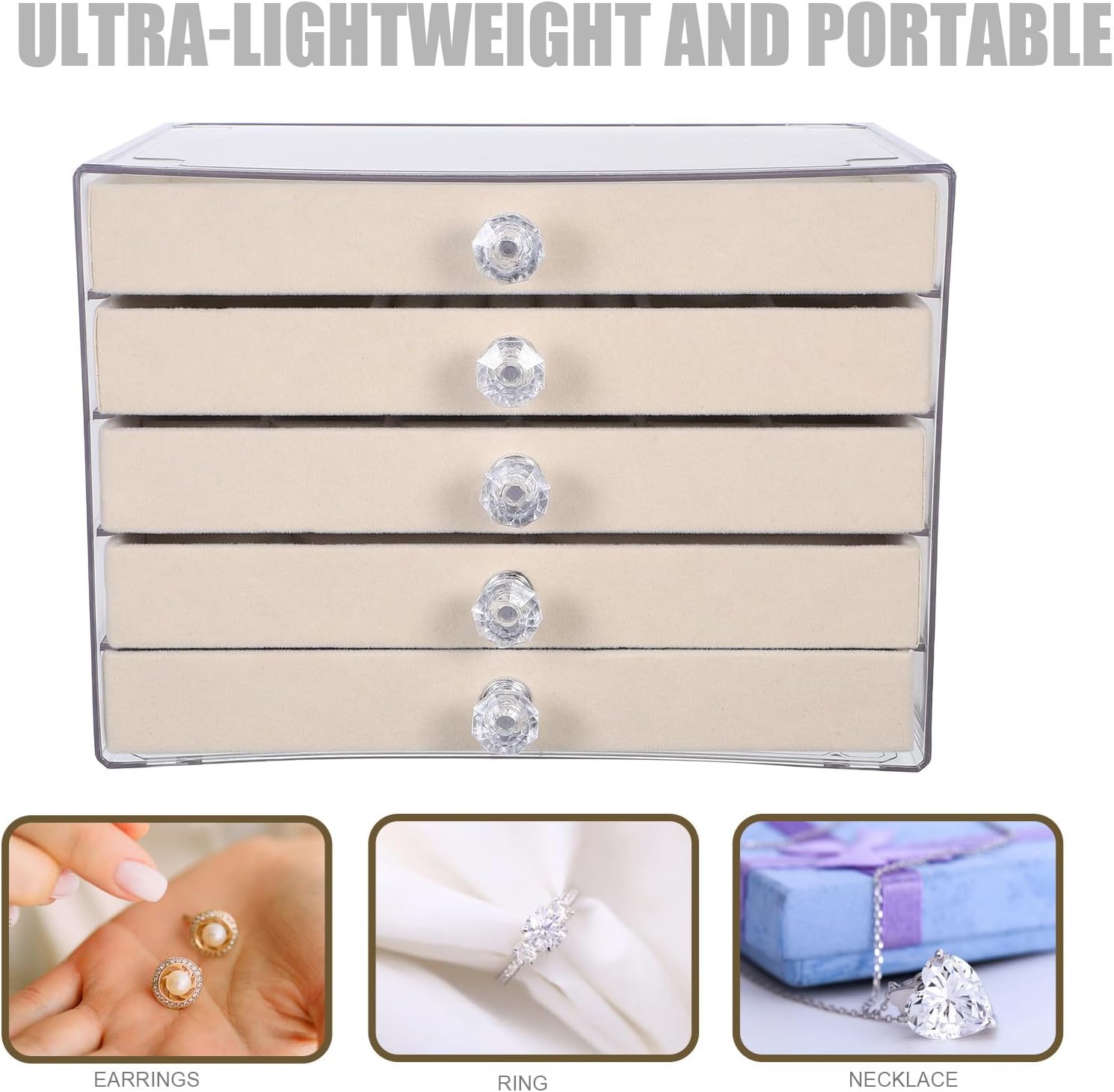 5 Drawer Acrylic Jewelry Organizer Box, Velvet Lined Jewelry Storage Case with Clear Top, Jewelry Armoire for Earrings, Rings, Necklaces, Bracelets, Vanity Jewelry Holder for Women Girls, Gift for Her