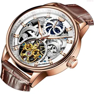 OLEVS Watch OLEVS Men's Skeleton Watch Luxury Dress Black Leather Silver Gold Tourbillon Moon Phase Automatic Mechanical Self-Winding Waterproof Luminous Wrist Watches-