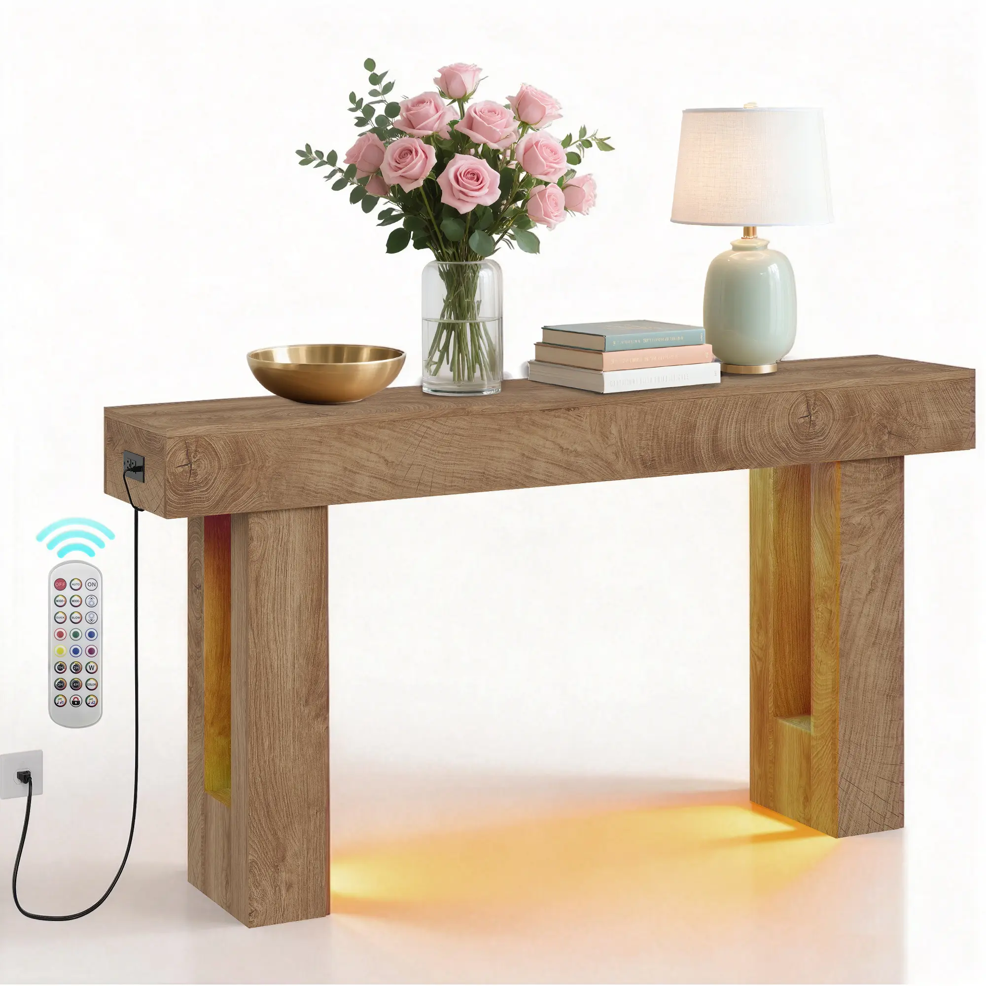 63 Inch Entryway Console Table with Charging Station and Motion Sensor Light Farmhouse Sofa Table Slim Long Behind Sofa Couch Table Narrow Hallway Foyer Table Smart Accent Display Rack for Living Room Sandalwood Oak