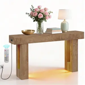 63 Inch Entryway Console Table with Charging Station and Motion Sensor Light Farmhouse Sofa Table Slim Long Behind Sofa Couch Table Narrow Hallway Foyer Table Smart Accent Display Rack for Living Room Sandalwood Oak