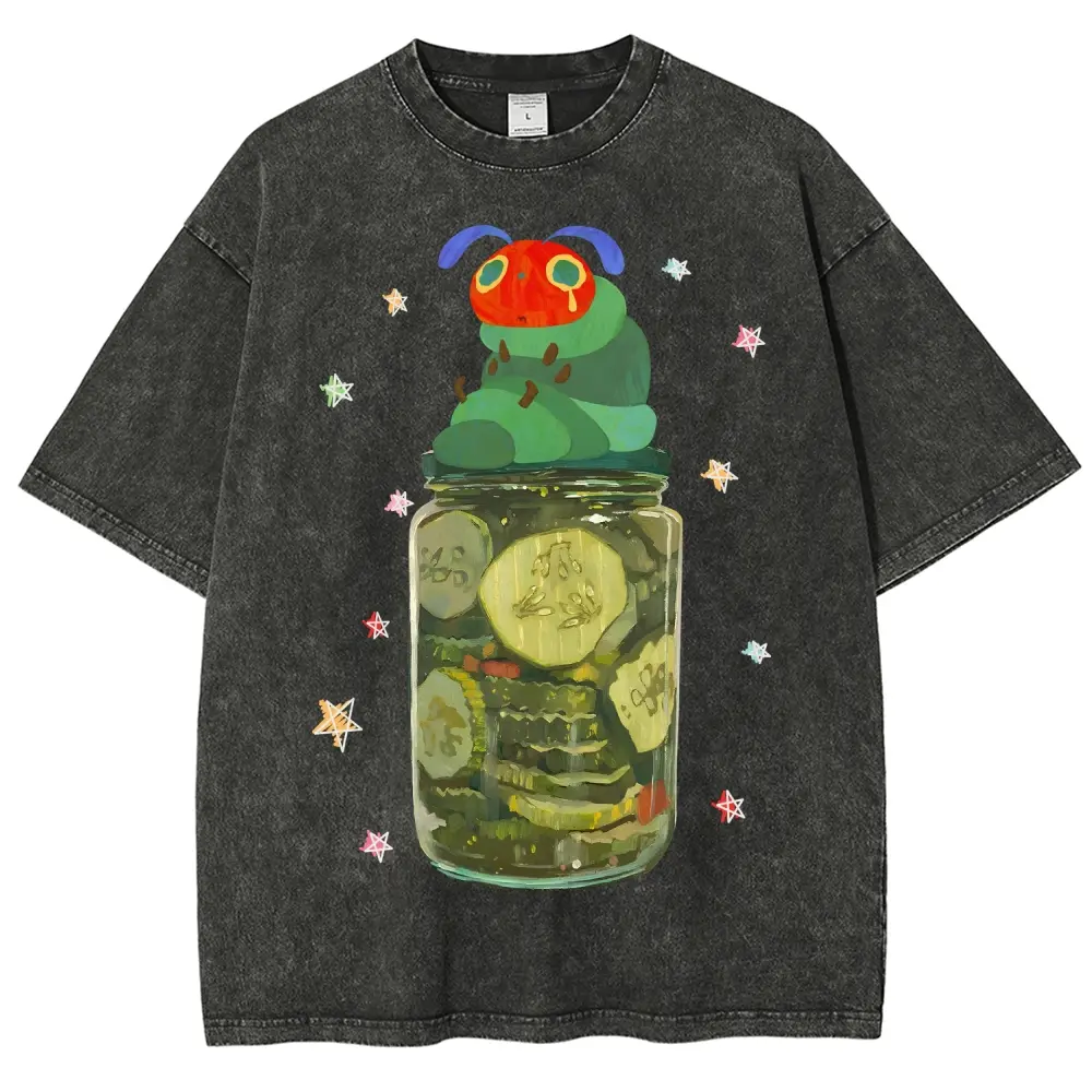 Aesthetic Graphic T-Shirt, Sad Caterpillar in Pickle Jar Design, Unisex Vintage Washed Cotton Top, Soft Lightweight Garment, Silky, Joggers, Shortsleeve