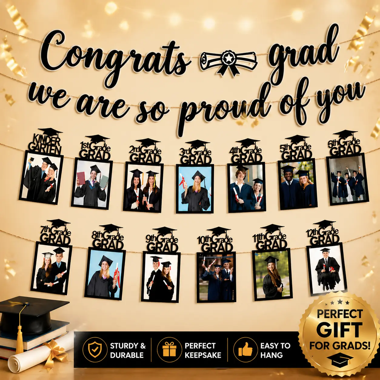 Class of 2026 12th Grade Graduation Banner, "Congrats Grad, We Are So Proud of You" Photo Banner, Festive Party Supplies for Room Decor