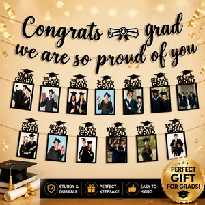 Class of 2026 12th Grade Graduation Banner, "Congrats Grad, We Are So Proud of You" Photo Banner, Festive Party Supplies for Room Decor