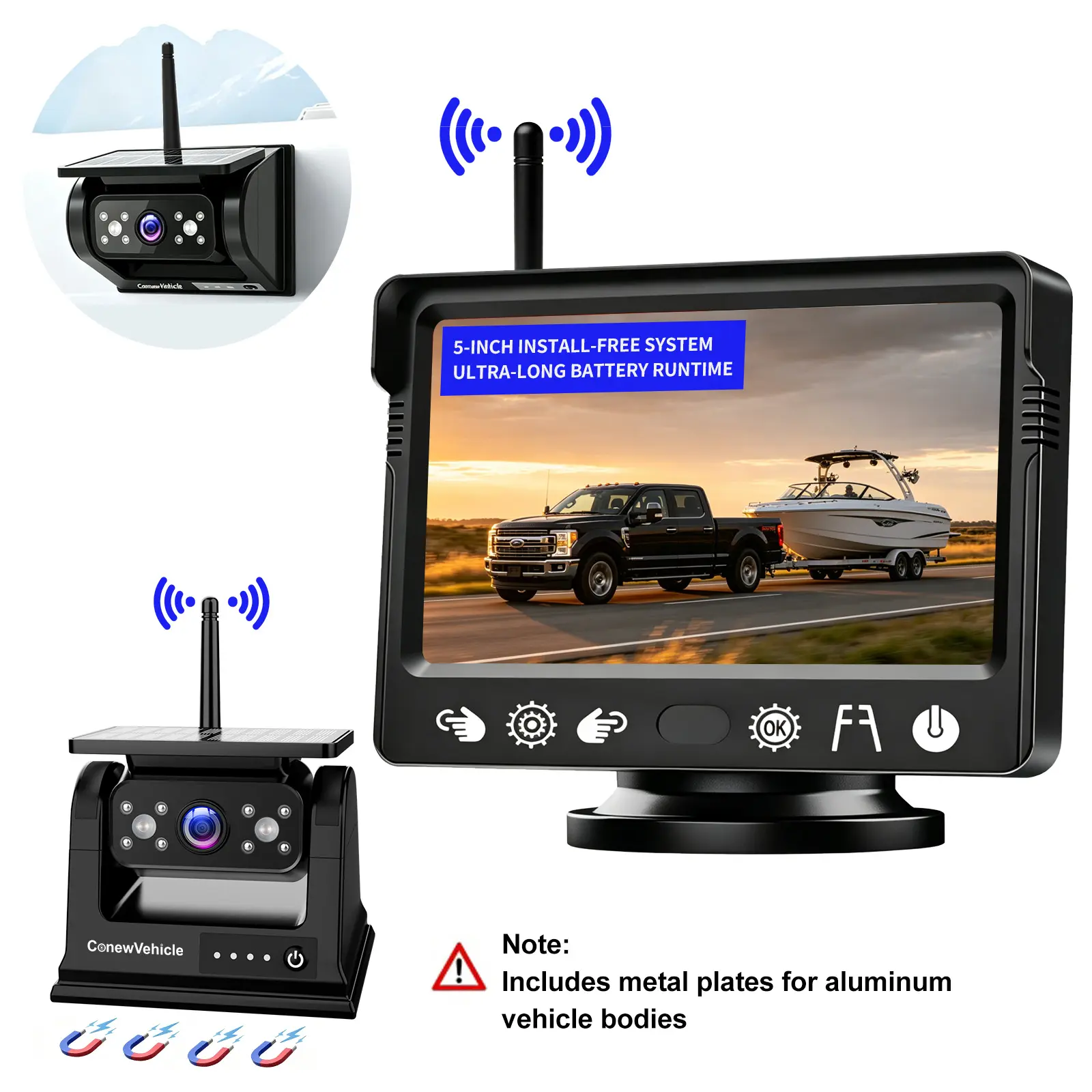 ConewVehicle Magnetic Solar Wireless Backup Camera: HD 1080P 5" Touch button Monitor, 1-Min Install-Free IR Night Vision Waterproof Rear View Camera for Trailer/Truck/Small RV/Camper/Tractor