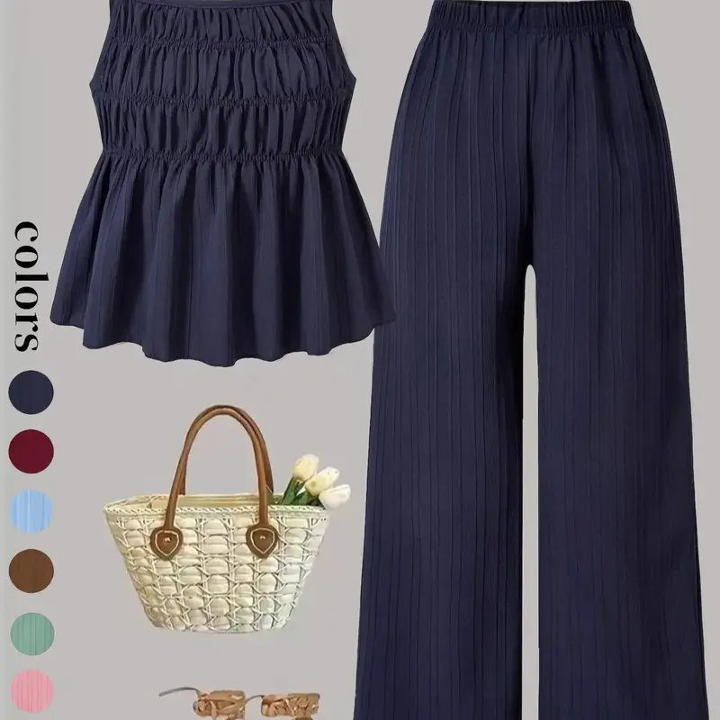 Two-Piece Set Women's Solid Color Cami Top & Wide Leg Pants Set, Street Fashion Casual Everyday Set Outfits for Daily Outdoor Wear, Ladies Clothes for All Seasons