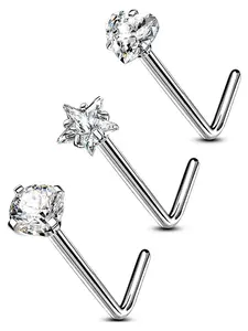 Elegant Star & Heart Shaped Nose Studs, Fashionable L-shaped Nose Rings for Women & Men, Trendy All-match & Exquisite Nose Piercing Jewelry for Birthday Gift