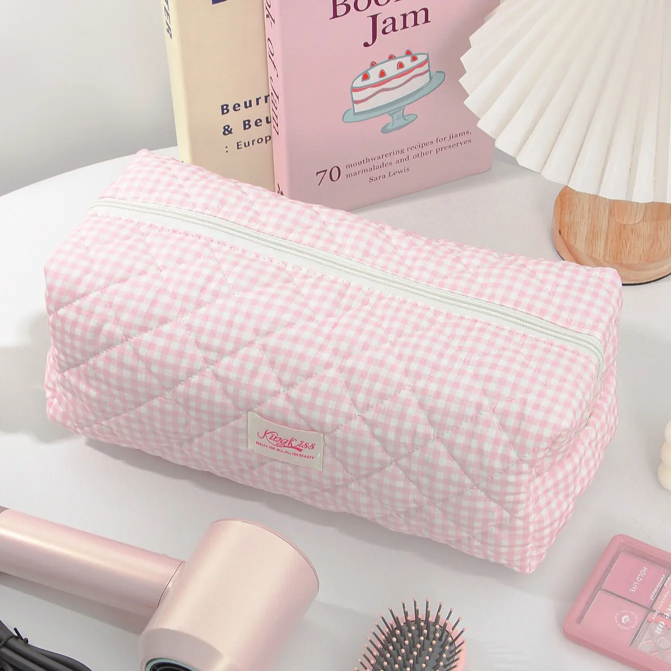 Portable Hair Dryer Storage Bag, Plaid Pattern Travel Organizer, Travel Essentials, Multi-Functional Makeup Pouch, Large Capacity Dustproof Handbag, Handheld Cosmetic Pouch