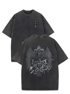 Men's Heavyweight Vintage Washed Oversized T-Shirt Gothic Angel & Cross Back Print Dark Grey/Black Retro Streetwear Tee Loose Fit Short Sleeve Round Neck Casual Shirt for All-Season Layering & Casual Attire