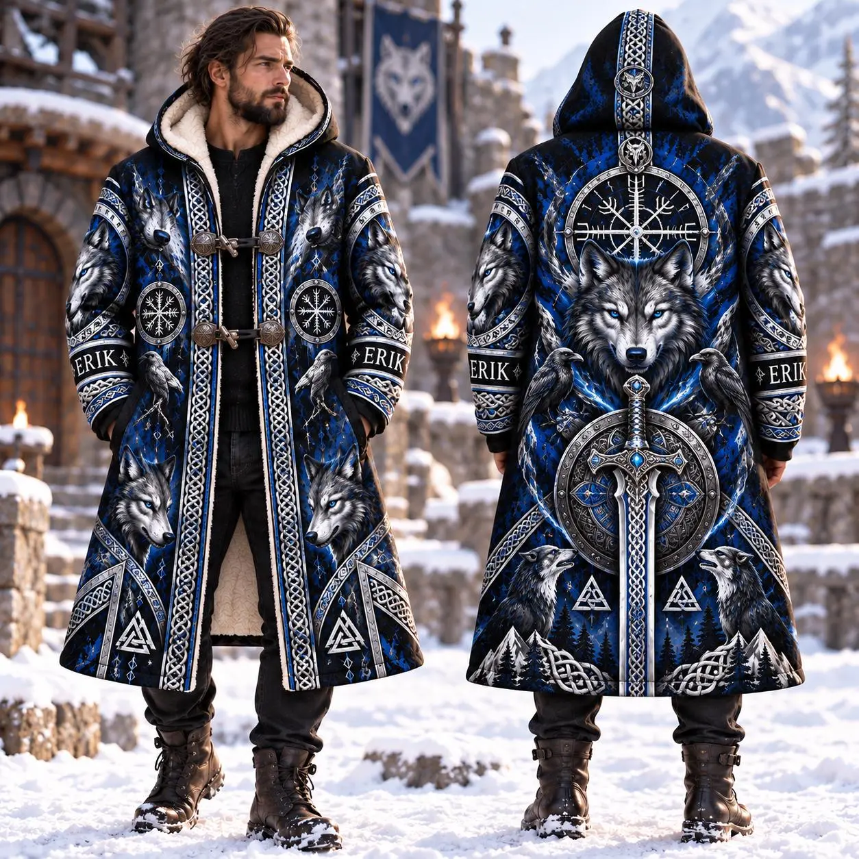Viking Blue Wolf Hooded Coat for Men, Norse Wolf Sword Jacket, Royal Blue Gothic Warrior Outerwear, Nordic Rune Fantasy Gift for Him
