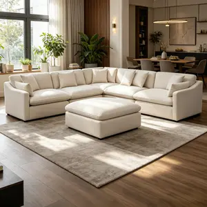 Niccae Greeley Ivory 6-Piece Modular Fluffy Sofa Set - Modern Upholstered Sectional Sofa, Indoor Living Room Couch Furniture
