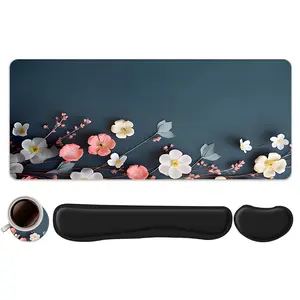 4pcs Pastel Floral Navy Blue Design Mouse Pad + Keyboard Wrist Rest + Ergonomic Mouse Pad + Coaster Set For Desktop Decoration, Office Accessories Set Ergonomic Wrist Support, Computer Mat Mouse Pad Coaster Suitable For Home Office Gaming