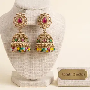 Lightweight Polki Jhumka Earrings, 2 inches Long Drop Earrings