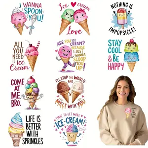 12 Fun Ice Cream DIY Handcraft Washable DTF Heat Transfer Decals, No-Iron Design Patches for T-shirts, Masks, Jeans, Backpacks