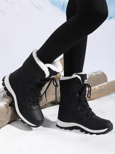 Women's Solid Color Plush Lined Thick-Soled Lace Up Fluffy Snow Boots, Thermal Warm Casual Sporty Comfortable Outdoor Sports Boots for Fall & Winter, Female All-match Round Toe Shoes for Daily Wear