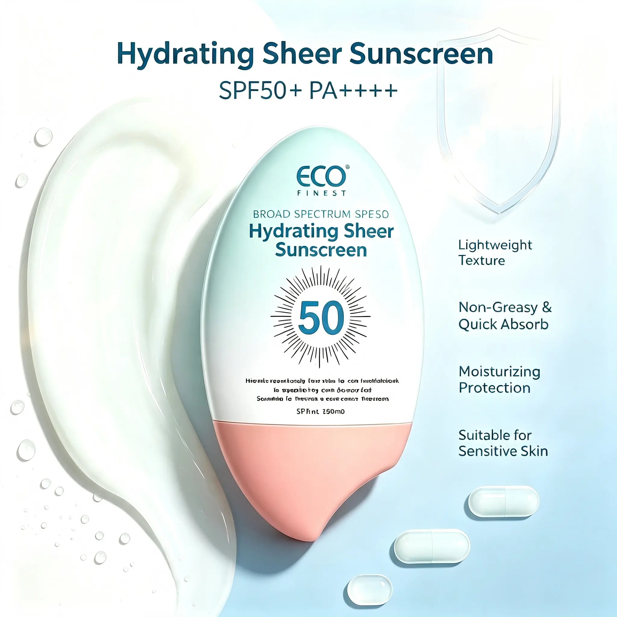 ECO FINEST Hydrating Sheer Facial Sunscreen, SPF50 PA++++ Broad-Spectrum Daily UV Defense, 50ml Lightweight Matte Oil-Free Lotion, No White Cast, Smooth Makeup Base for Sensitive Skin
