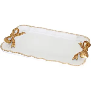 Vintage Decorative Tray Towel Tray Storage Tray Dish Plate Fruit Trays Rings Chain Bracelets Earrings Trays Cosmetics Jewelry Organizer Retro Design Bow-Knot Resin Plate Coquette Room Decor (White)