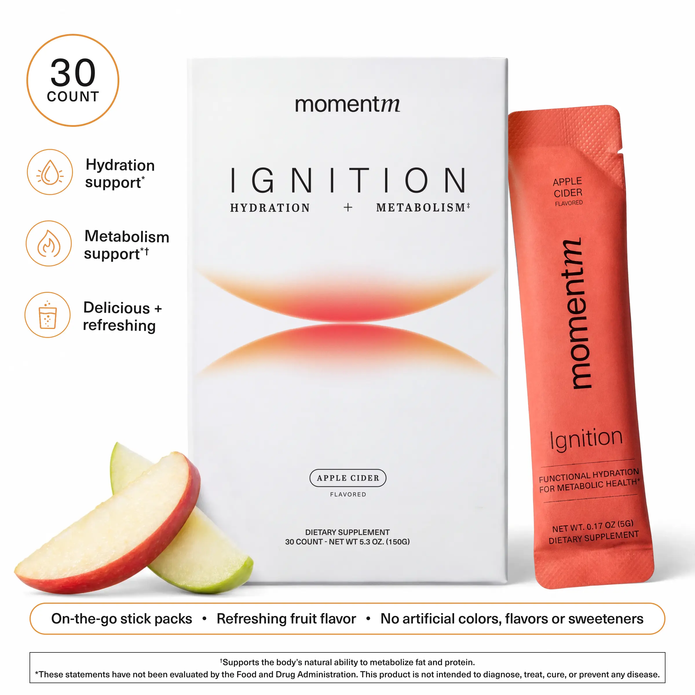 momentm Ignition Apple Cider Hydration Drink Mix (30 ct) - Supports Steady Energy & Focus - with Magnesium, Electrolytes, Adaptogens, InnoSlim & Holy Basil - Sugar Free