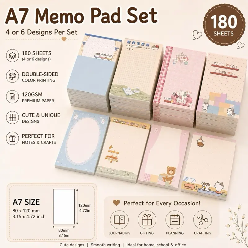 A7 Memo Pad Set, 180 Sheets Double-Sided Cute Notepad, 80x120mm 120gsm Premium Paper, Kawaii Stationery, Journaling Paper, Planner Notes