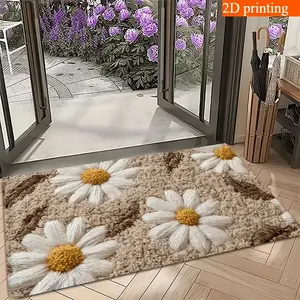 Flannel 2D 1pc Beige Floral Welcome Mat With White Daisy Pattern - Machine Washable, Suitable For Kitchen/Hallway/Bedroom Entrance/Bathroom/Laundry Room, Easy-Clean Material, Decorative Doormat, Durable Polyester