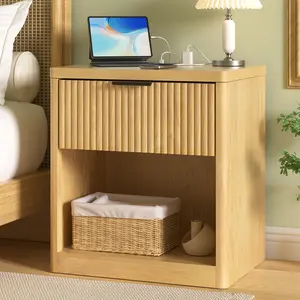 HOMMPA 22'' Fluted Nightstand with Charging Station, Modern Bedside Table, End Table with 1 Drawer & Open Compartment, Mid Century Modern Wooden Bed Side End Table for Bedroom