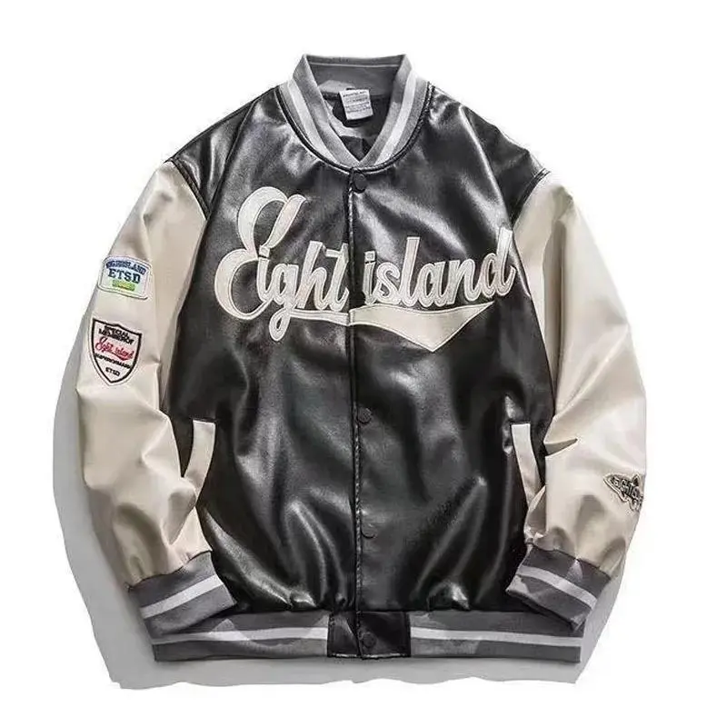 Letter Embroidery Leather Jacket Men Women Spring Motorcycle High Street Baseball Bomber Jacket Unisex Loose Varsity Coat Couple