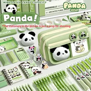 Panda Set Nine-Layer Large Capacity Pencil Case Pencil Bag, Includes Pencil Case + Panda Doll + Stickers *5, Multi-Slot Storage Box, School Supplies