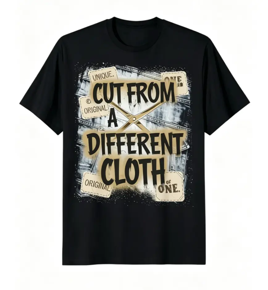 Women's Stylish Graphical Tops, Shortleeve Heavyweight Casual Round Neck Clothes with Distressed "Cut from a Different Cloth" Humorous Hip Hop Print, Orange-Black Statement Tee for Pairing with Jeans