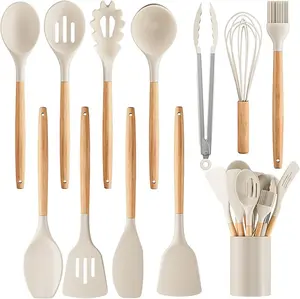12pcs, Non-Stick Silicone Kitchen Utensil Set with Wooden Handles - Safe and Easy to Clean - Perfect for Cooking and Baking - Ideal for Back to School and Dorm Essentials Kitchenware Spoons