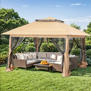 12 Ft. W x 12 Ft. D Metal Patio Gazebo - Khaki Outdoor Canopy, Sturdy Garden Gazebo for Backyard & Deck