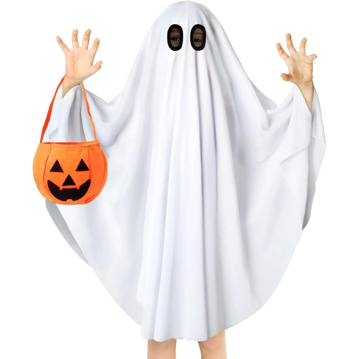 L-GCS002  Ghost Costume for Kids,Toddler Ghost Costume with Pumpkin Bag,Spooky Halloween Costumes Boys Girls Cosplay Dress Up