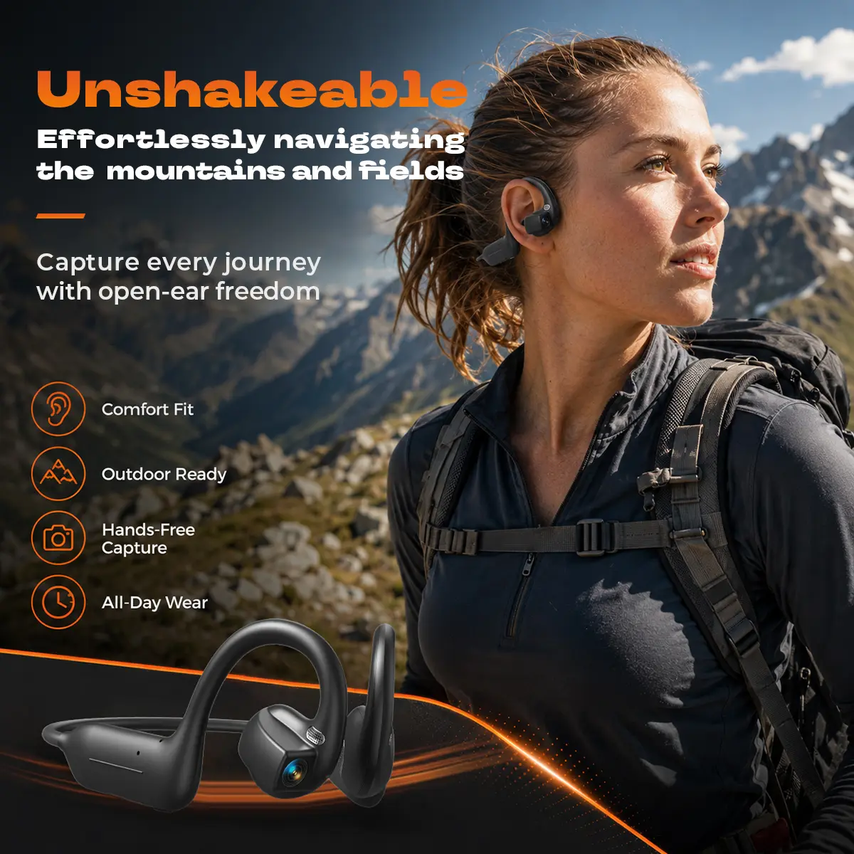 E12 Bone Conduction Bluetooth Headphones With 8MP EIS Stabilized Camera, 160+ Languages Instant Translation, Touch & Button Control, IP54 Waterproof Wearable Headset For Outdoor Cycling Vlog Recording Sports & Daily Communication