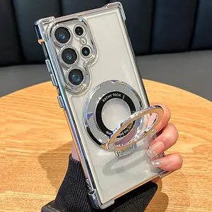 [KQ]Magnetic Plating Stand Shockproof Clear Case for Samsung Galaxy S25 S26 Ultra S23 S22 S24 Note 20 10 Plus Acrylic Back Cover