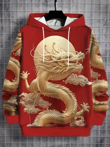 Men's 3D hooded sweater casual fashion sweatshirt red golden dragon fun printing pattern, outdoor sports comfortable and versatile (random color)