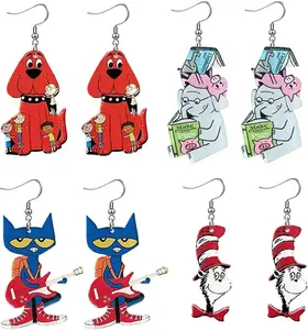 Funny Acrylic Teacher Animal Drop Dangle Earrings for Women Cute Cat Dog Elephant Book Reading Earrings for Teacher