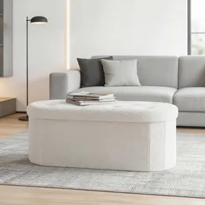 Ottoman Bench with Storage, Foot Rest Bench Stool with Cushion, Oval Round Folding Storage Chest for Bedroom, Living Room, Entryway, Dorm, Teddy Fabric