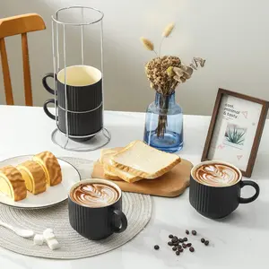 Ceramic Coffee Mug Set of 4 with Metal Stand, Stackable Large Latte Cups for Coffee, Tea and Hot Cocoa, Perfect for Home Coffee Bar, Kitchen Counter and Morning Breakfast, Microwave Dishwasher Safe, Black