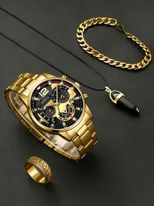 Men's Sport Style Scale Pattern Round Quartz Casual Wristwatch Set with Calendar Function, Metal Strap, Casual Wear, Party Gift