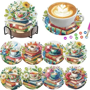 8-Piece Diamond Art Cup Mat Set with Stand, DIY Book Pattern Series, Suitable for Adults and Beginners, Perfect Gift for Friends, Diamond Painting Kits